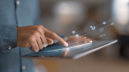 Person interacting with a tablet displaying predictive search input emphasizing the seamless flow of user queries enhanced by AIdriven recommendations.