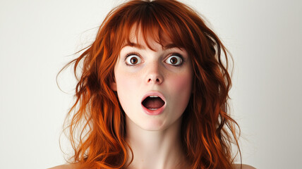 Surprised red hair female portrait isolated on white background
