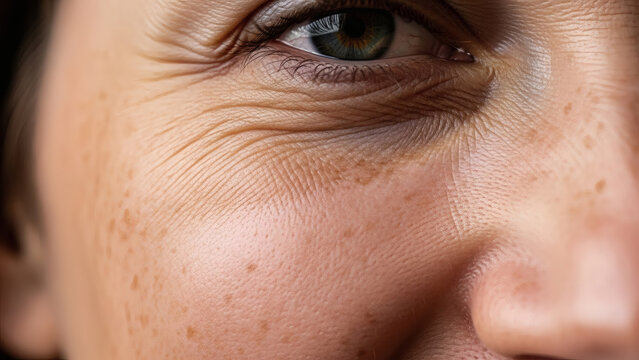 Authentic Human Skin Texture Close-up, Real Face with Freckles and Natural Imperfections, Body Positivity and Skincare Advertising Stock Photo