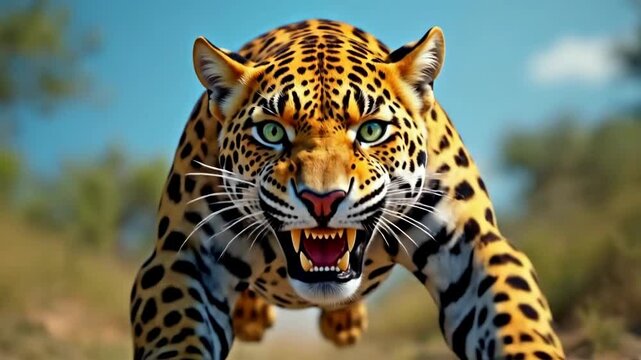 Jaguar attacking a camera by running forward, wildlife observation concept for nature documentary and animal studies