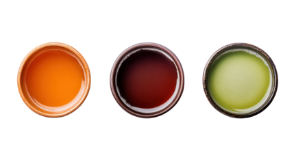 Three winter Japanese beverages with amazake, roasted tea, and matcha on transparent background