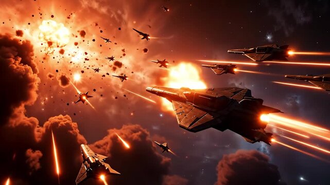 Space fighter squadron in dynamic battle with laser fire and explosions. Interstellar conflict and war in outer space. Digital artwork.