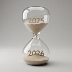 Hourglass showing sand running from 2025 to 2026, symbolizing the passage of time between years