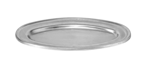 Empty silver oval serving platter on transparent background