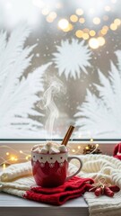 hot cocoa with marshmallows (as a cozy coffee alternative) in a festive red-and-white mug, placed near a window with frost patterns and twinkling outdoor lights