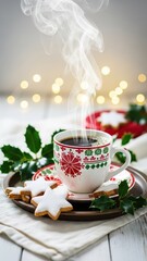 coffee in a festive ceramic cup with steam rising, placed on a tray with fresh-baked star-shaped cookies, holly leaves, and warm string lights in the background