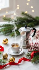 espresso in a small cup next to a classic moka pot, surrounded by pine needles, red ribbon, and a few golden ornaments on a marble surface