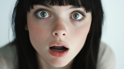 Surprised woman portrait. Shocked facial expression isolated on white background