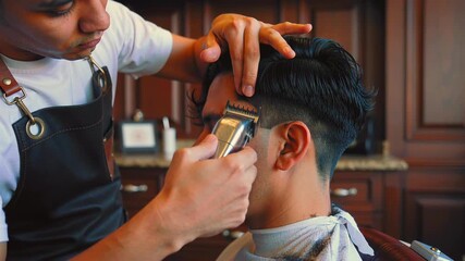 Closeup of barber blending hair skillfully, Precision haircut by modern stylist with flawless blending technique, Close view of skilled barber expertly shaping and blending hair with precision