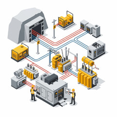 Obraz premium Isometric Power Grid System with Engineers and Electrical Infrastructure.