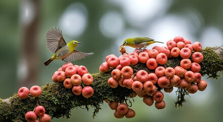 Two vibrant white-eye birds interact with abundant red figs on a mossy tree branch, one in flight, the other feeding.