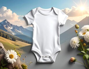 White baby bodysuit presented against a scenic mountain backdrop and flowers