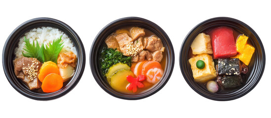 Three sets of healthy Japanese New Year meals with osechi-style dishes on transparent background