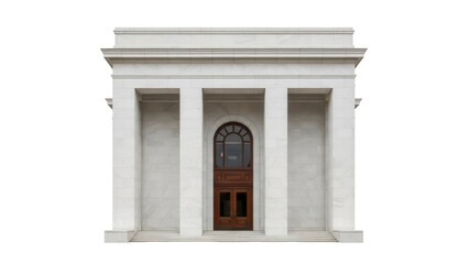 Isolated Portico of marble building with wooden entrance door, stone classic facade