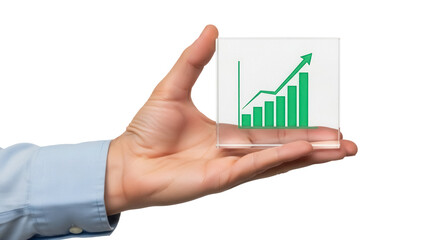 Isolated hand holding transparent glass with graph business, trend, increase, growing up