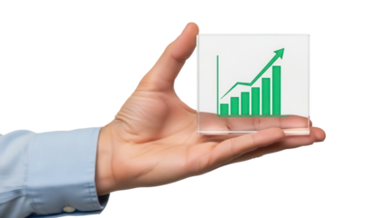 Isolated hand holding transparent glass with graph business, trend, increase, growing up