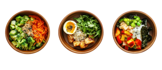 Three sets of healthy Japanese vegetable dishes with pumpkin and seasonal greens on transparent background
