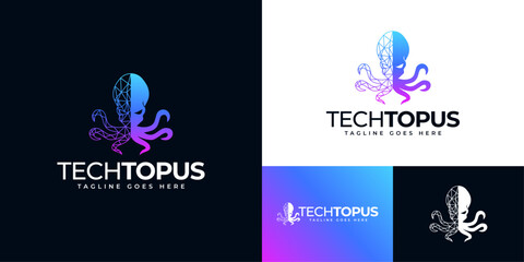Futuristic Octopus Technology Logo, AI Digital Mascot with Circuit Tentacles, Modern Tech Startup Branding, Artificial Intelligence Vector Illustration © shahjhan
