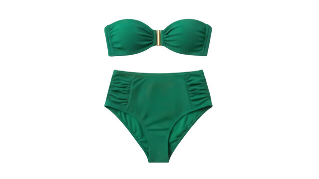 Isolated emerald green swimsuit featuring high-waisted bottoms and a strapless bikini top