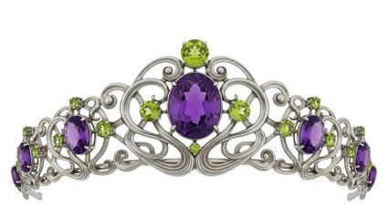 Isolated tiara with purple amethyst and green peridot gems, jeweled head wear accessory © Miguel