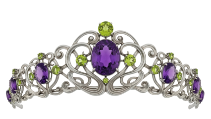 Isolated tiara with purple amethyst and green peridot gems, jeweled head wear accessory