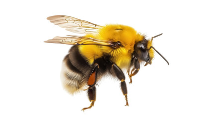 Isolated bumblebee close up for spring pollinating wildflowers, a yellow fuzzy insect macro