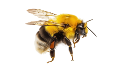 Isolated bumblebee close up for spring pollinating wildflowers, a yellow fuzzy insect macro