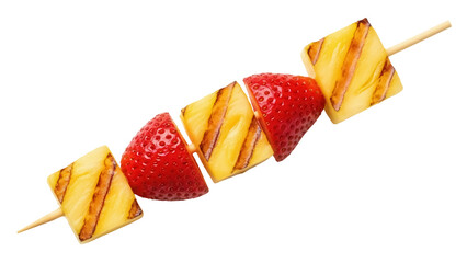 Isolated grilled pineapple and strawberry fruit skewer as a sweet dessert snack, horizontal