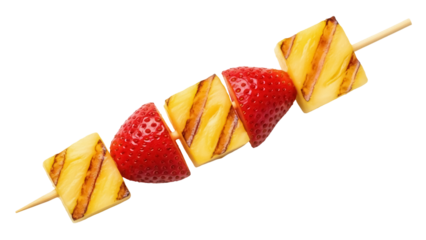 Isolated grilled pineapple and strawberry fruit skewer as a sweet dessert snack, horizontal