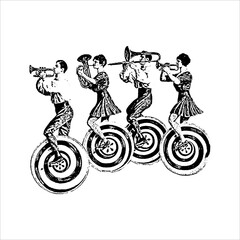 Vintage circus musicians on unicycles © JohnStock12