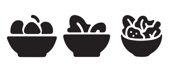 Simple Silhouette Bowls With Different Food Items On White Background.