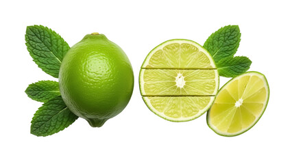 Isolated lime with mint leaves next to sliced lime segments for flavor enhancement diet © Miguel
