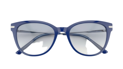 Isolated designer eyewear with a blue frame for vision correction and sun protection
