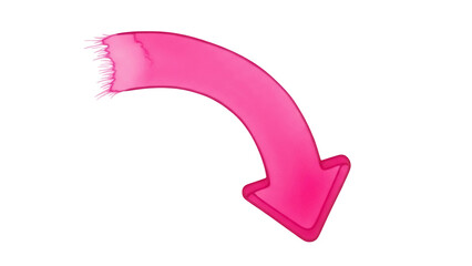 Isolated curved arrow pointing downward, vivid pink color for wayfinding and visual aid