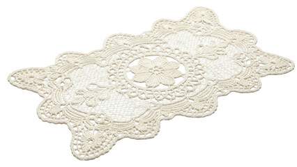 Isolated handmade beige doily with floral pattern, lace table mat, vintage design, elegant look