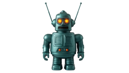 Isolated retro toy robot figurine with antennas, futuristic sci-fi character, childhood nostalgia