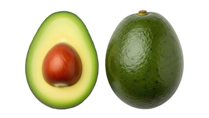 Isolated, two avocados, one whole, one cut in half to reveal the pit, on seamless surface