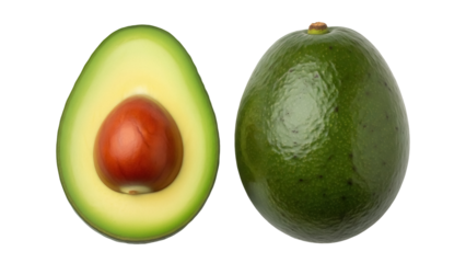 Isolated, two avocados, one whole, one cut in half to reveal the pit, on seamless surface
