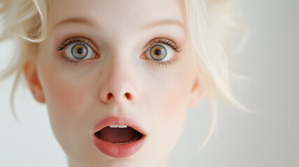Surprised female close up portrait. Isolated studio shot showing amazement.