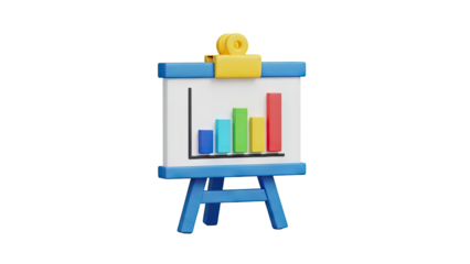 3D Bar Chart on Whiteboard with Easel on transparent background