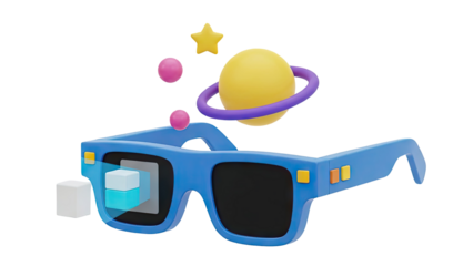 3D Blue VR Glasses with Abstract Space Elements on transparent background