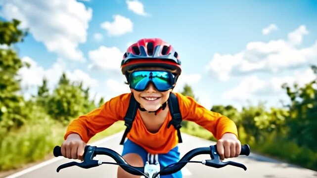 A young boy wearing a helmet and goggles riding a bike