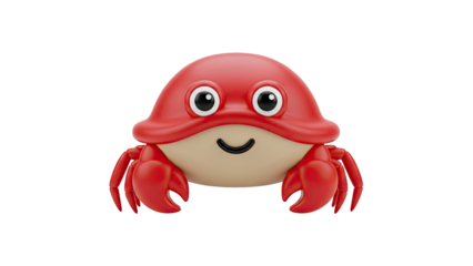 3D Cute cartoon crab character with big eyes and smile on transparent background