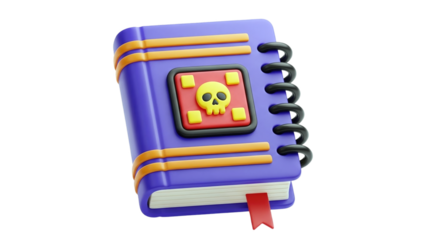 3D Cute 3D Cartoon Spell Book Icon with Skull Symbol on transparent background
