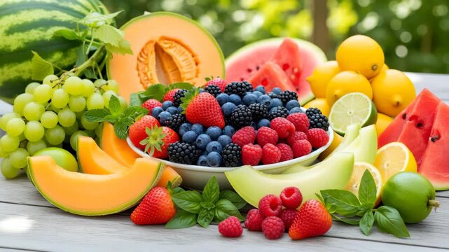 Fresh colorful assorted fruits berries healthy eating summer garden table outdoor freshness Ai HD 4K video.