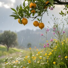 Wildflowers and citrus fruits in fresh rain, natural look, beautiful background