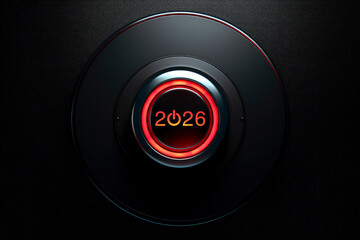 2026 start up business flat icon on modern black round shaped push button with red light of switching on sign, Business happy new year 2026 start up and success concept