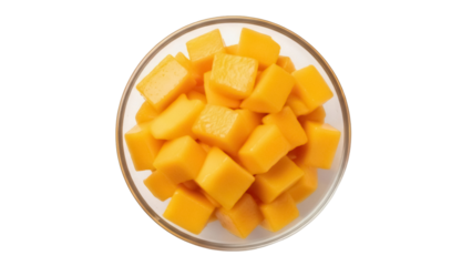 Isolated bowl of diced mango pieces, tropical fruit slices in glass bowl, vibrant color