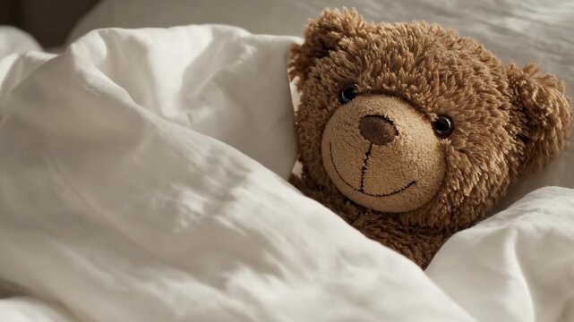 Extreme close-up slow motion shot of a fuzzy brown teddy bear resting on crisp white linen sheets that softly ripple and settle settle, close focus, relaxation