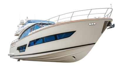 Isolated modern yacht with metallic railing and blue windows floats above the water